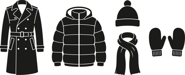 Winter outerwear accessories silhouette vector set featuring coat puffer jacket beanie scarf mittens isolated collection © Rakib