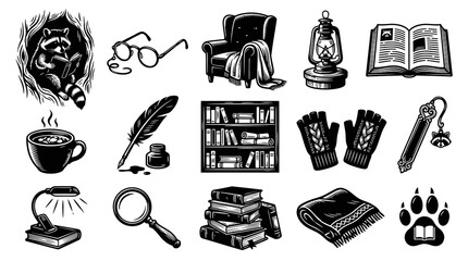 Obraz premium Black and White Engraving Icons of Cozy Reading and Literature Essentials. Study Objects and Leisure Lifestyle Line Art Set.
