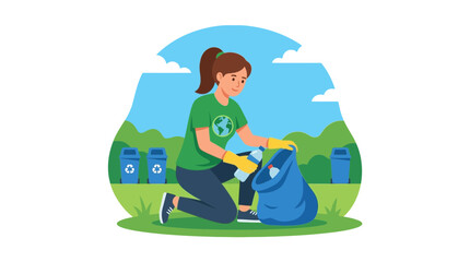 Fototapeta premium Woman cleaning park, picking up litter for environmental protection, recycling concept