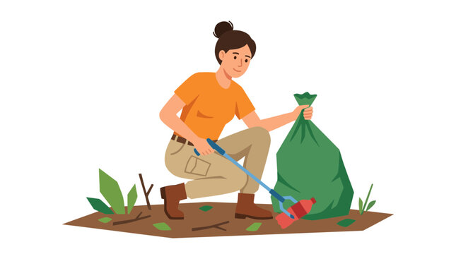 Woman cleaning nature with trash picker and bag, environmental protection concept