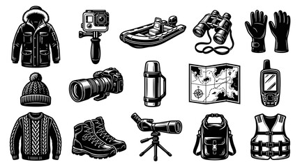 Obraz premium Outdoor Adventure Gear Icons: Black and White Vector Illustration