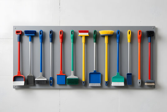 Color-Coded Cleaning Tools Organized on Shadow Board to Prevent Cross-Contamination Between Poultry Production Zones