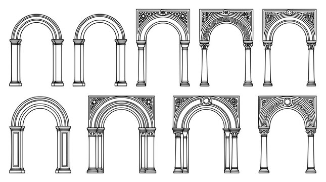 Various architectural arches and columns in a vector graphic illustration