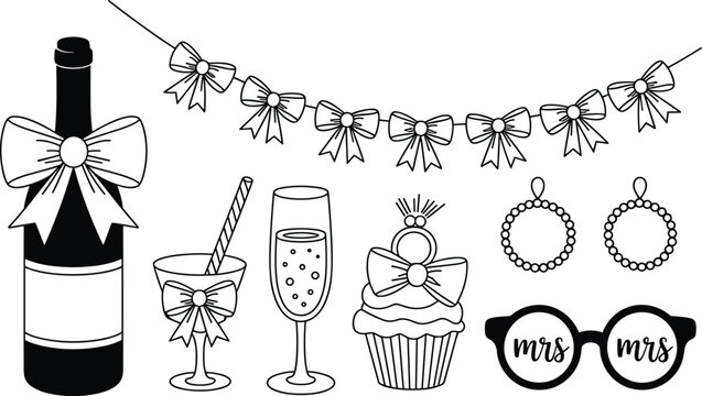 Bridal shower and bachelorette party SVG vector elements set with champagne bottle glasses cupcake ring and party decoration