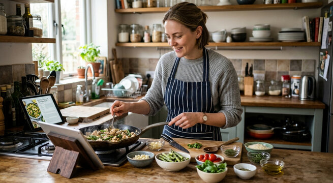 Happy woman cooking a healthy fresh meal in a bright, modern home kitchen, following a digital recipe on a tablet