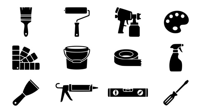 Black and white illustration of various painting and construction tools