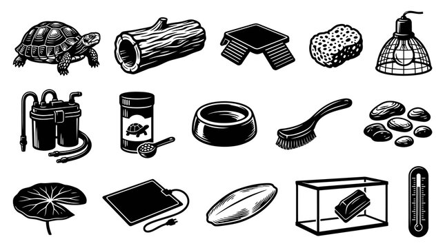 Monochrome Engraving Style Reptile Pet Care Supplies, Turtle Habitat Equipment Vector Icons Set.