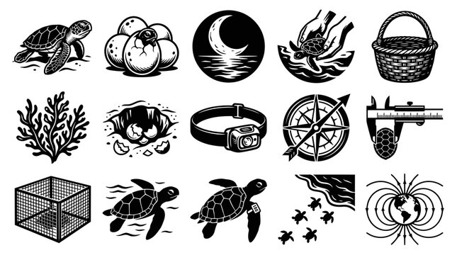Marine Conservation Sea Turtle Life Cycle  Research Black and White Line Art Icons Set