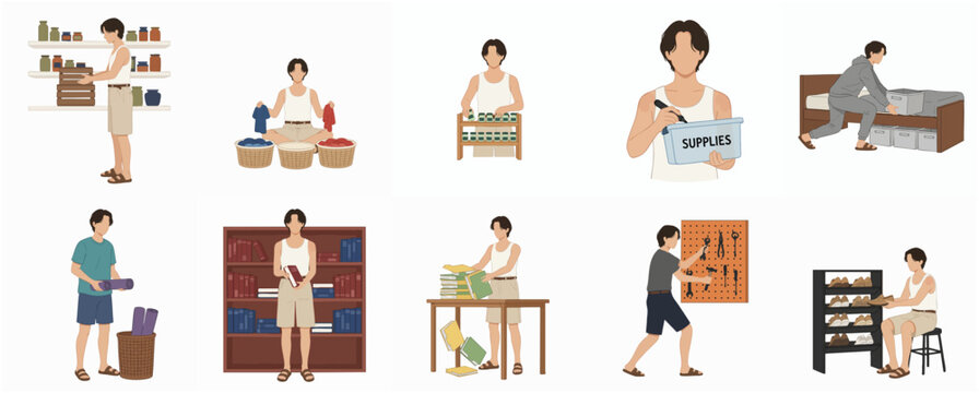 Flat illustration set of a man organizing various household items, including laundry, books, tools, and storage bins for a tidy and decluttered home lifestyle.