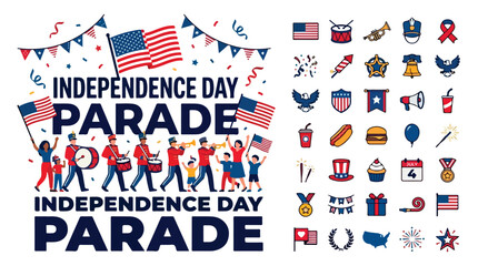 Obraz premium Independence Day parade vector illustration, 4th of July celebration with marching band and 35 icons, patriotic American holiday festival elements