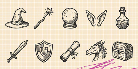 Hand drawn vintage black ink scribble doodle vector set of esoteric mystic magic astrology zodiac alchemy sacred geometry spiritual and occult symbols © Broke Stoke