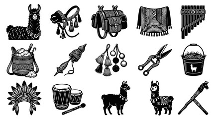 Obraz premium South American Andean Culture Alpaca Farming Monochrome Line Art Icons Set