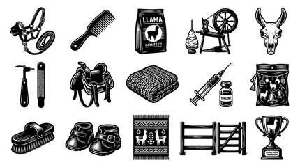 Obraz premium Vintage Engraved Llama Farming Vector Icons Set. Black White Line Art Livestock Care, Equipment Products.