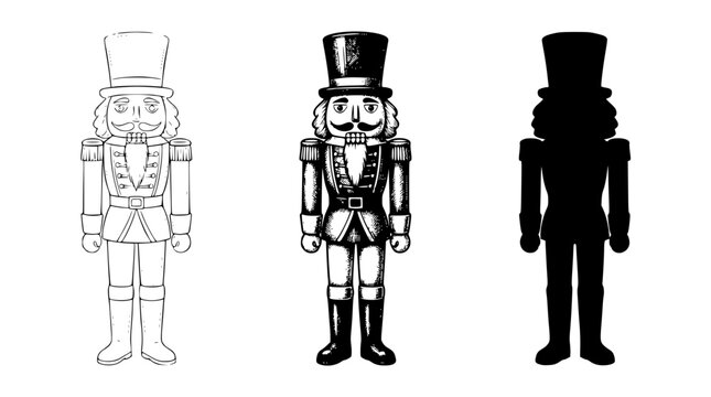 Vector illustration of three different nutcracker designs in various styles