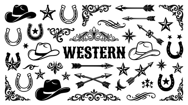 Western themed vector graphic illustration with cowboy hats and symbols