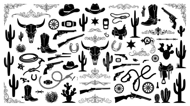 Western themed vector graphic illustration with cowboy elements and cacti
