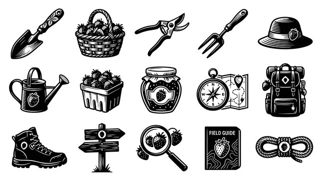Vintage Engraving Style Black  White Icons of Strawberry Picking, Gardening  Outdoor Adventure Tools