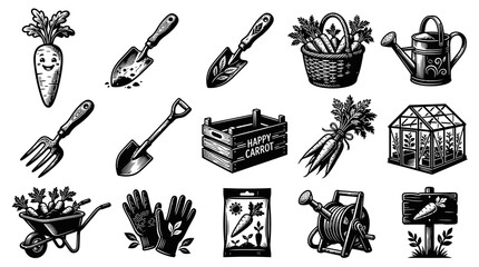 Obraz premium Black White Line Art Gardening Tools and Carrot Illustrations - Vintage Farm and Agriculture Elements