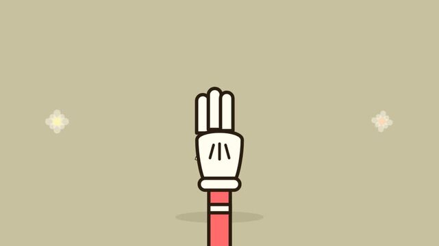 Cartoon hand glove performing a peace sign gesture animation on neutral background
