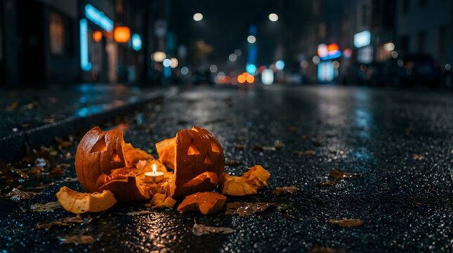 Broken Halloween pumpkin lantern glowing on a rainy city street at night