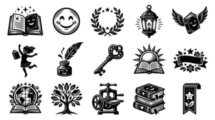 Obraz premium Collection of Black and White Engraving Style Icons for Education, Knowledge, Books, and Reading Themes