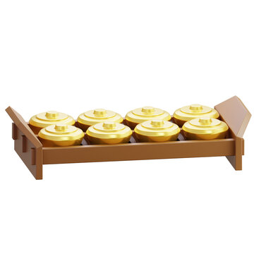 3D Gamelan Indonesian Musical Percussion Instrument Set On Wooden Frame