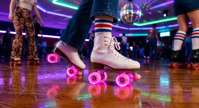 Close up of roller skater feet with glowing neon wheels at indoor roller disco rink lifestyle entertainment recreation nightlife