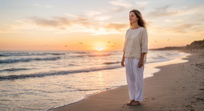 Young woman standing on beach at golden hour looking at ocean sunset with standing peaceful meditation landscape outdoors serenity