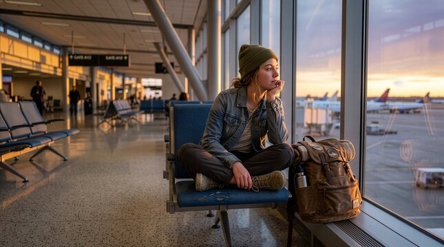 Young traveler sitting by airport terminal window watching airplanes at sunset with terminal traveler airplane departure vacation