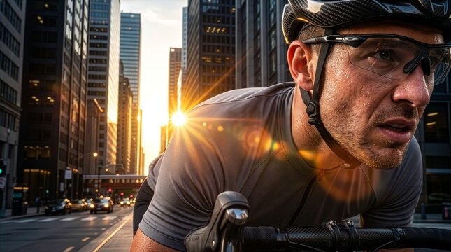 Exhausted cyclist resting after intense training session in urban setting during golden hour with exercise training athletic