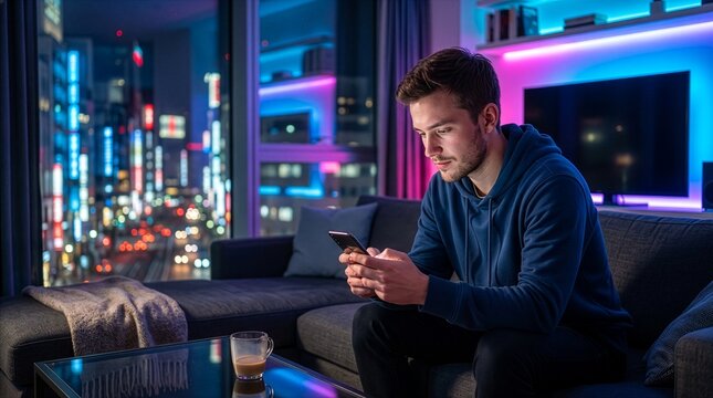 Man using smartphone at home at night with modern neon lighting smartphone technology lighting communication internet connection