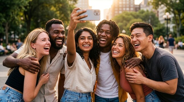 Group of diverse friends smiling and taking a selfie outdoors in the park during golden hour with diversity happiness outdoors