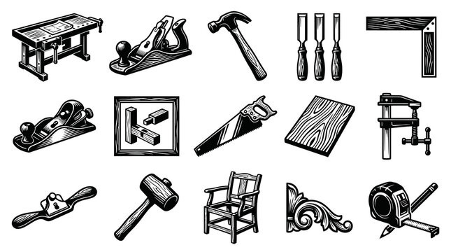 Classic Woodworking Hand Tools Collection in Vintage Black  White Engraving Style Line Art