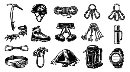 Fototapeta premium Vintage Engraving Style Black and White Mountaineering and Climbing Gear Set Vector Line Art Illustration