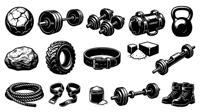 Black  White Line Art Strongman  Gym Fitness Equipment Vector Set - Weightlifting and Workout Tools.