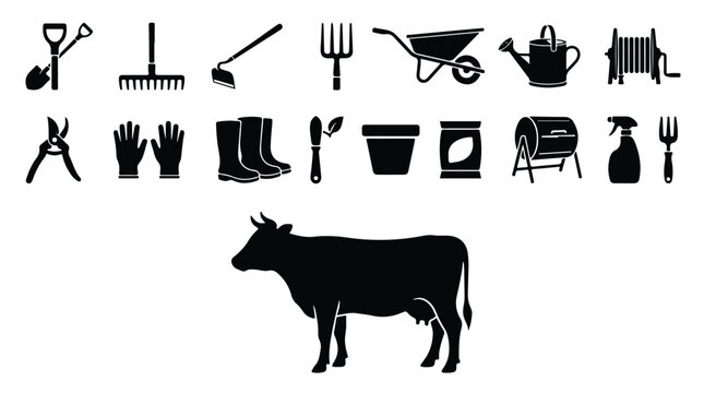 Farming and gardening icon set, black silhouette farm equipment and cow vector, agricultural tools collection for landscaping and ranching