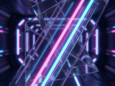 Abstract glass prisms with neon lights. Futuristic 3D shapes in a tunnel. Modern digital background.