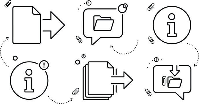 Information file transfer vector doodle icon set with document export folder download and notification elements in outline style