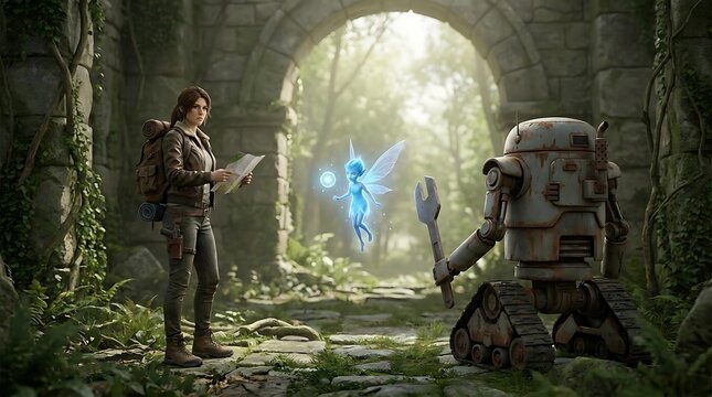 Adventurer and robot explore ancient ruins with magical creature