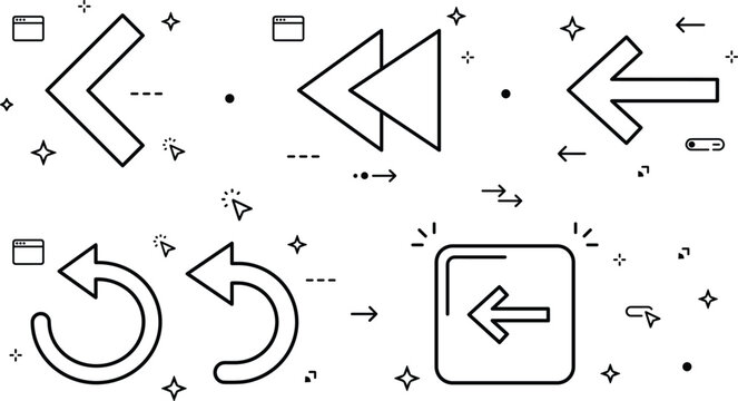 Interface back navigation arrow icon set with rewind loop return pointers browser control buttons and linear outline elements
