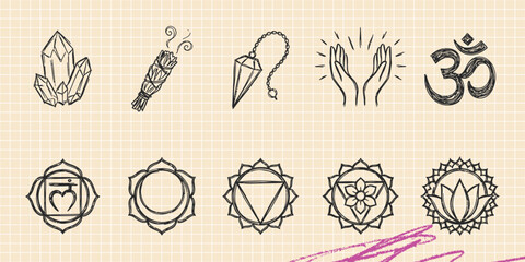 Hand drawn vintage black ink scribble doodle vector set of esoteric mystic magic astrology zodiac alchemy sacred geometry spiritual and occult symbols © Broke Stoke