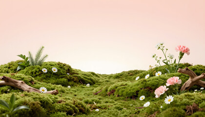 Obraz premium Minimal Zen Moss Landscape with Flowers and Natural Elements on Soft Pastel Background