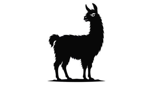 Black llama silhouette vector, minimalist alpaca profile icon, standing guanaco animal shape, isolated vicuna graphic for logo design