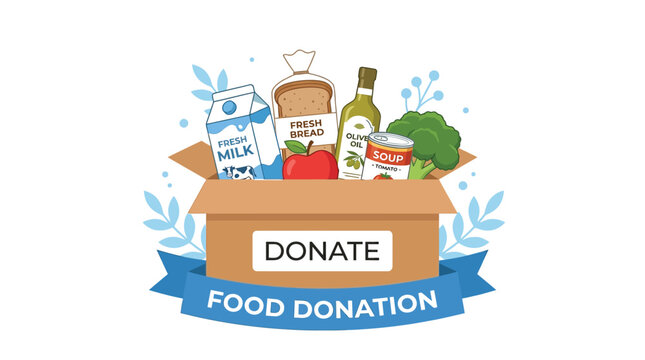 Cardboard box filled with fresh grocery items like bread milk olive oil soup and fruit for charitable community food donation programs illustrated in a flat colorful vector graphic style isolated on w