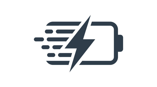 Minimalist flat vector icon representing a high speed battery charging process featuring a bold lightning bolt symbol inside a rectangular container with motion lines rendered in dark grey ink on whit