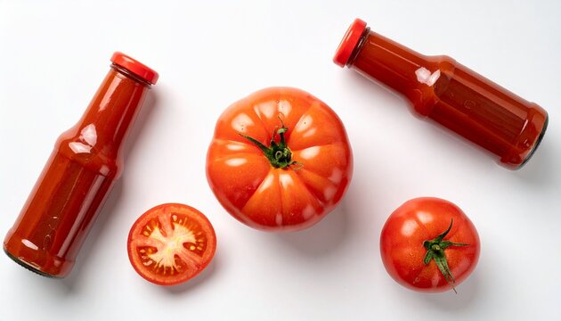 Two glass bottles of tomato sauce and fresh tomatoes on a white background