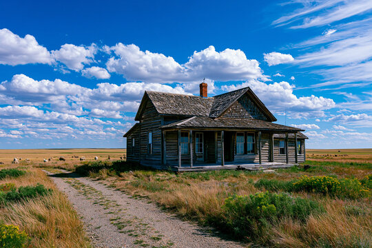 rustic farmhouse under clear midday sky, surrounded by vibrant fields, photorealistic rural photography.