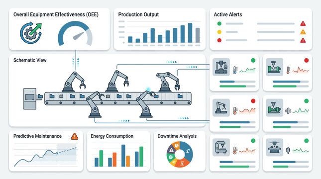 Industrial factory automation dashboard showing smart manufacturing data