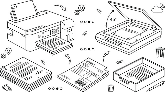 Office document workflow vector doodle icon set with printer scanner invoice paper stack and desk tray outline elements