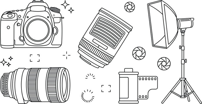 Photography camera lens gear vector doodle icon set with studio lighting softbox and film roll in outline style